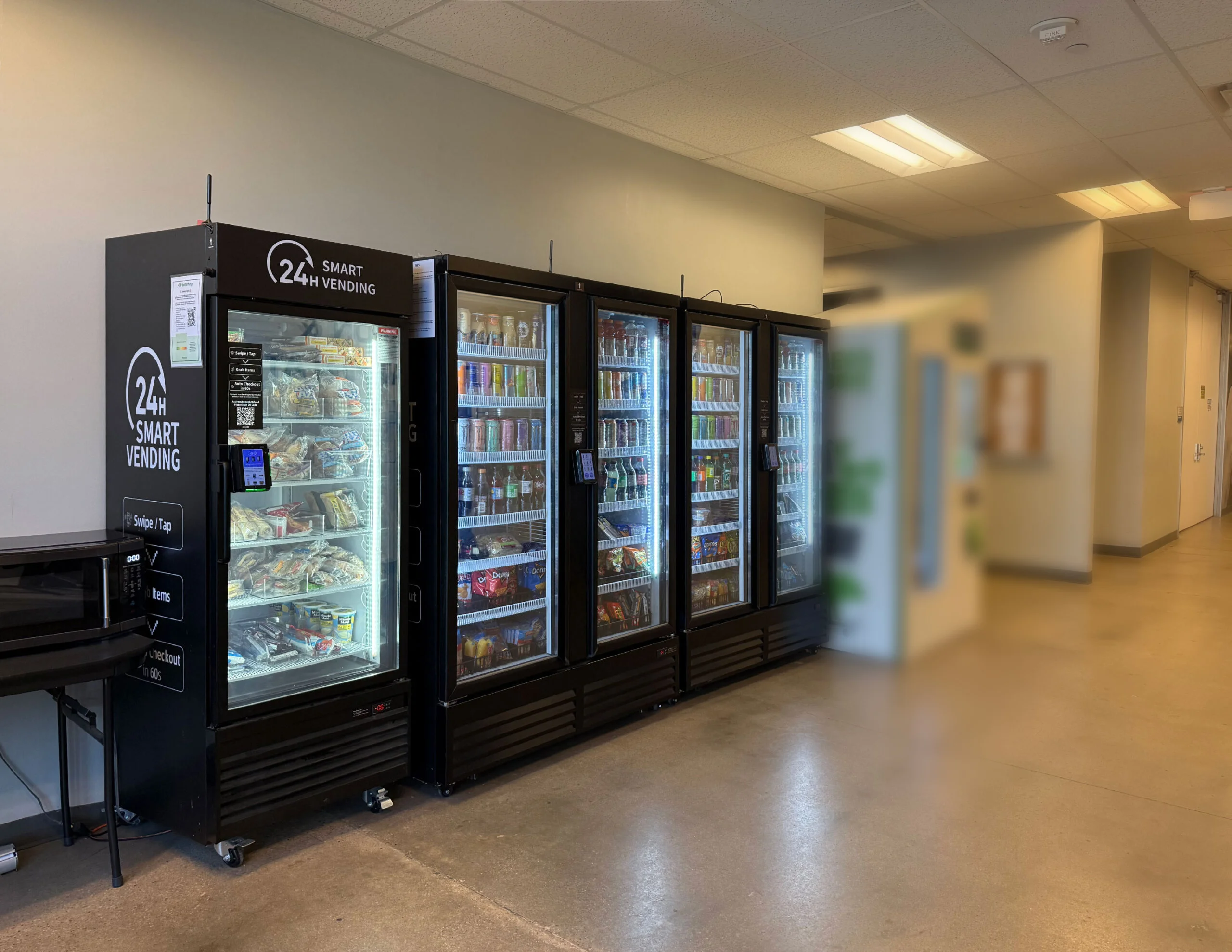 Smart cooler stocked with fresh food and drinks for a DFW workplace
